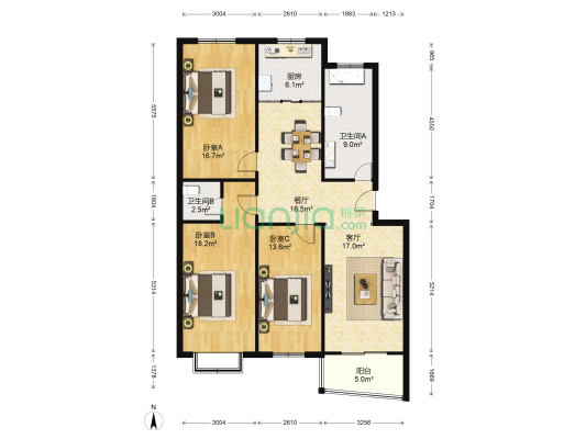 银海花园 3室2厅2卫 130平方
