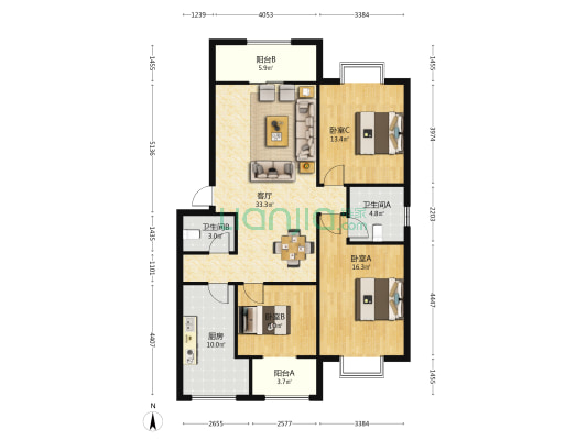 贵大北校区教工宿舍楼 3室1厅2卫 112平方
