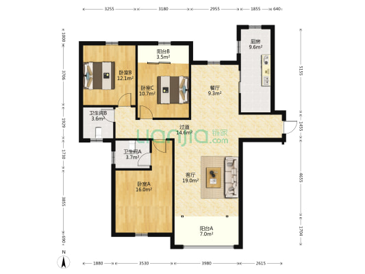 安居小区A区 3室2厅2卫 129平方