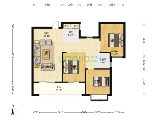 长乐名城紫金轩 3室1厅1卫 105平方