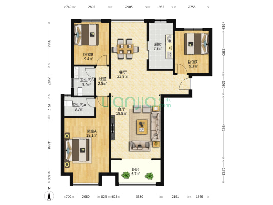 昆仑望岳东苑 3室2厅2卫 136平方