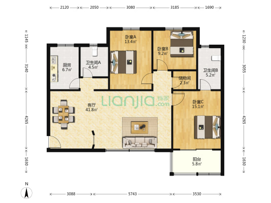 通汇公寓 3室1厅2卫 136平方