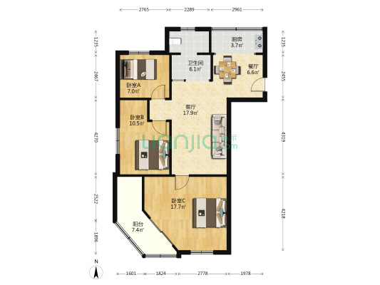 东兴庄恢复楼 3室2厅1卫 87平方