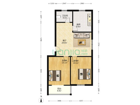 家美领寓 2室1厅1卫 91平方