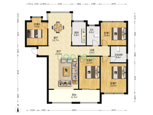 广丰太阳城 4室2厅2卫 143平方