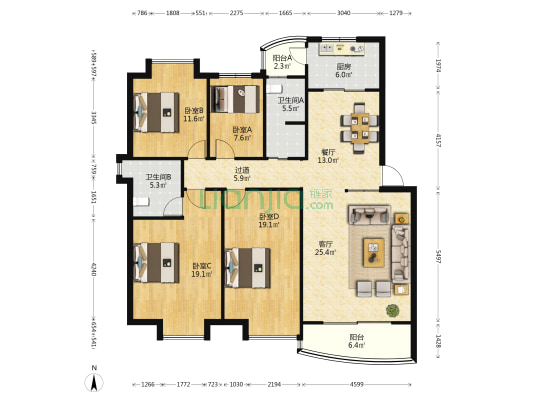 兴盛园 4室2厅2卫 139平方