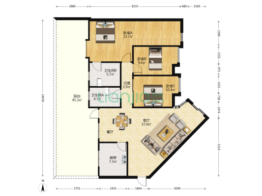 丽景湾花园 3室1厅2卫 119平方