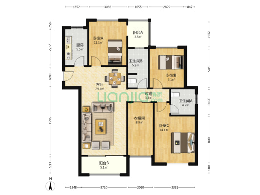 中豪城南时代 3室1厅2卫 125平方