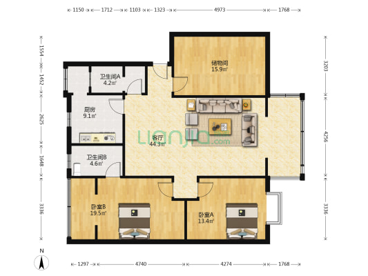 丹景苑 2室1厅2卫 129平方