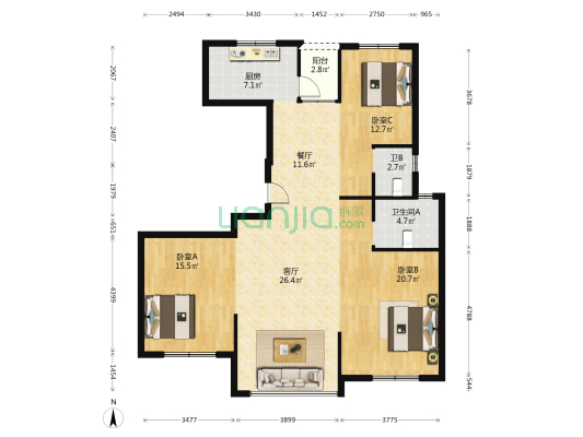 香溢花城 3室2厅2卫 143平方