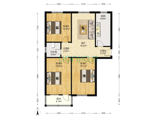 胭脂盒B区 3室1厅1卫 93平方