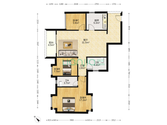 颐澳领地 3室1厅2卫 97平方