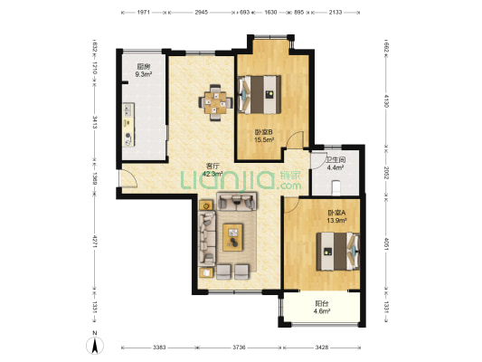 光大银都B区 2室1厅1卫 107平方