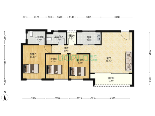 建发和玺三期 3室1厅2卫 90平方