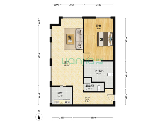 港泰通航大厦 1室1厅2卫 118平方