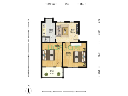 湖南医大附二院广济桥宿舍 2室1厅1卫 56平方