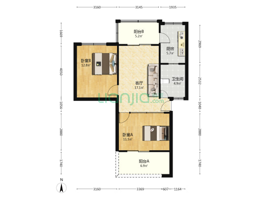 中新路9号 2室1厅1卫 69平方