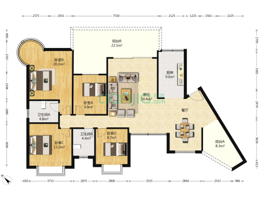 商房高第 4室1厅2卫 174平方