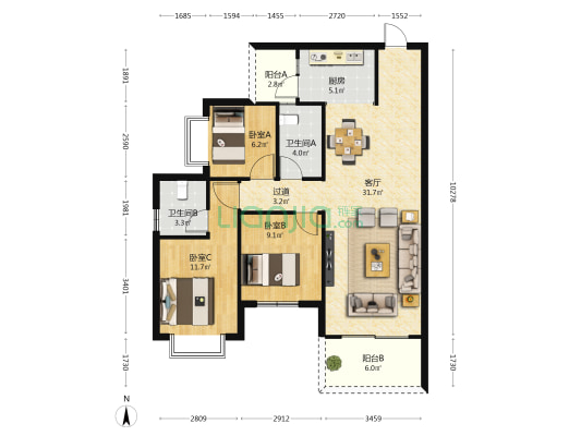 向海郡 3室1厅2卫 107平方
