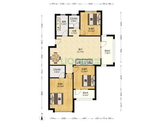 锦绣观邸 3室1厅2卫 130平方