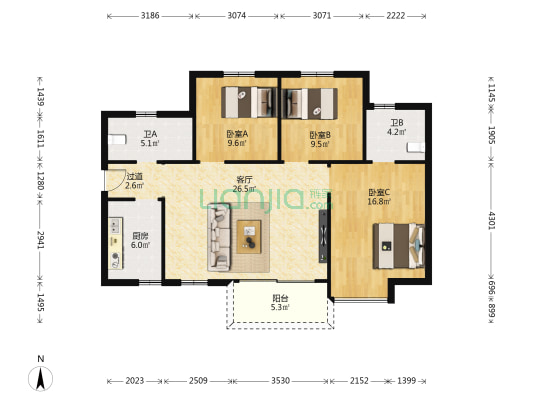 南山侨苑 3室1厅2卫 107平方
