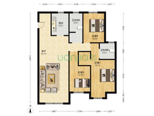 阳光美湖天地新都 3室1厅2卫 134平方