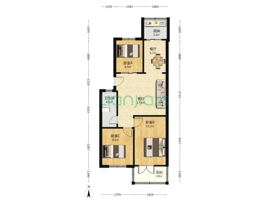 五十亩地小区 3室2厅1卫 74平方