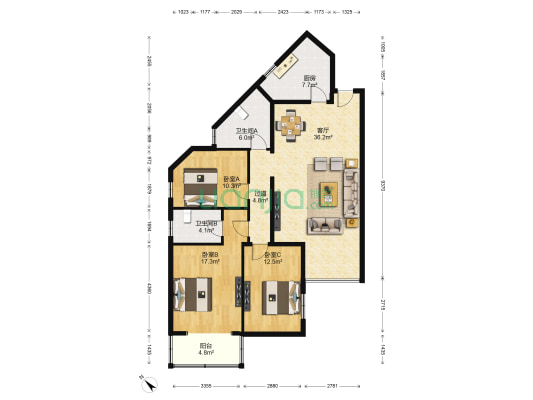 颐源居小区 3室1厅2卫 143平方