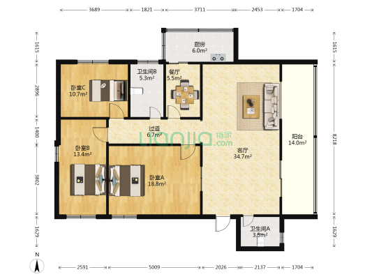 省机电厅宿舍 3室2厅2卫 51平方