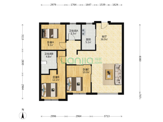 米兰颂二期 3室1厅2卫 108平方