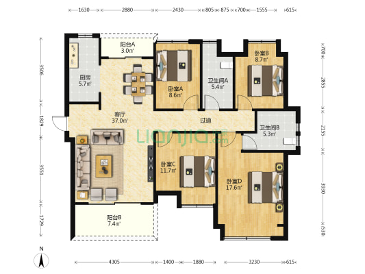 山湖海上城 4室1厅2卫 134平方