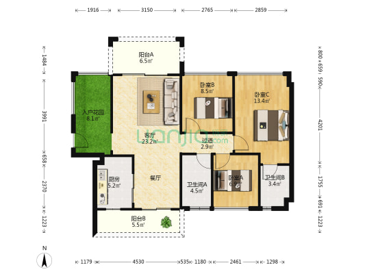 君汇尚品 3室1厅2卫 105平方