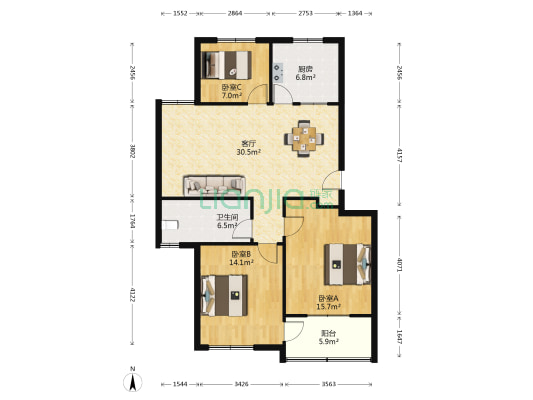 莱福公寓 3室1厅1卫 103平方