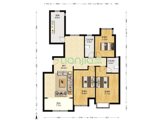 佳兴天城 3室1厅2卫 148平方