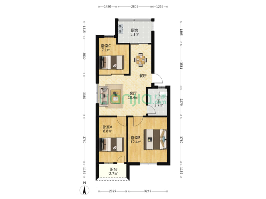 二轻校宿舍 3室1厅1卫 76平方