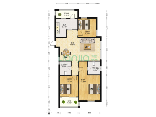 金仓华府 3室1厅2卫 132平方