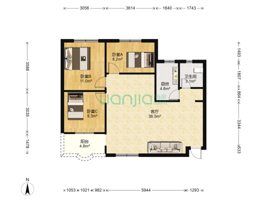 嘉乐花园 3室1厅1卫 100平方