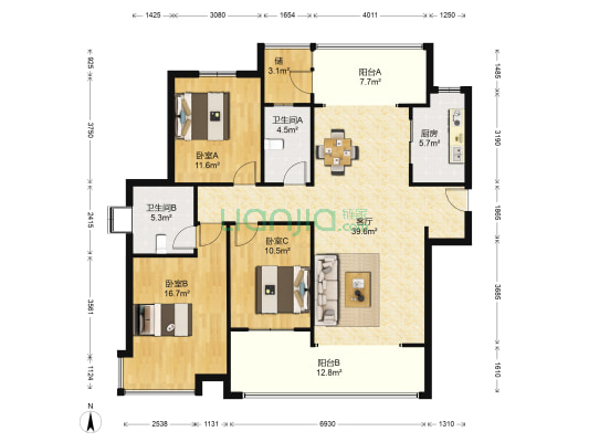 盛邦花园八区 3室1厅2卫 140平方