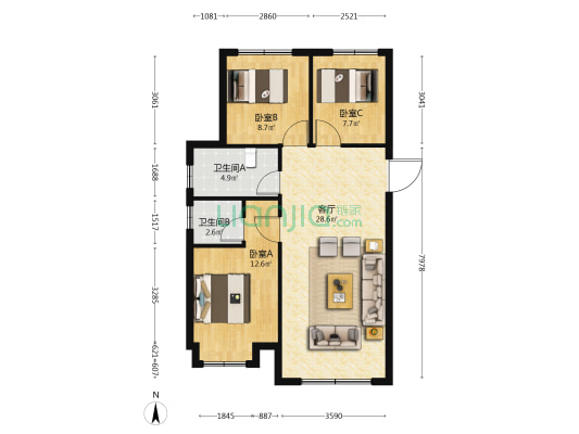 荣盛城 3室1厅2卫 96平方