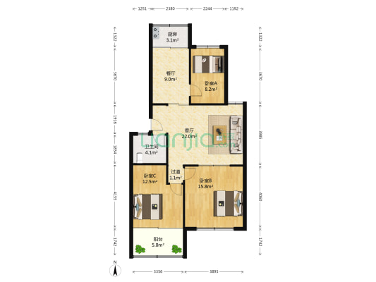 山航宿舍 3室2厅1卫 99平方