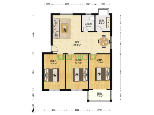 新世纪小区 3室1厅1卫 97平方