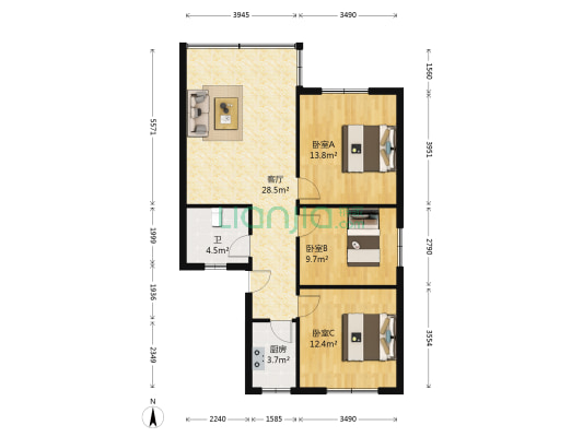 绿茵小区 3室1厅1卫 91平方