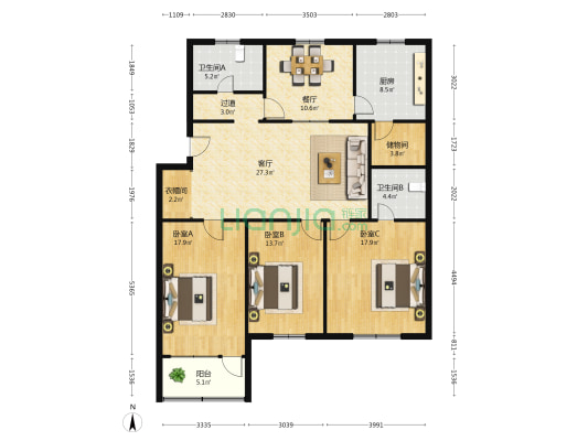 电力公寓 3室2厅2卫 139平方