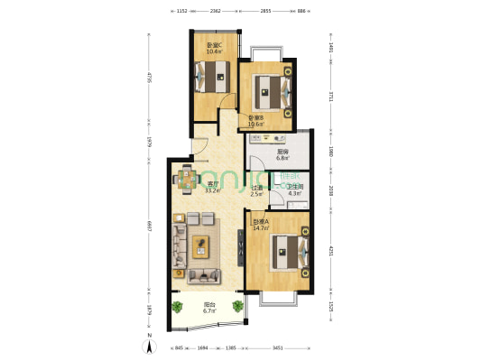 远洋滨海花园 3室1厅1卫 104平方