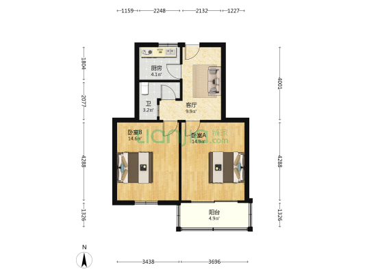 中华路140号 2室1厅1卫 60平方