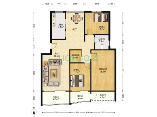 华侨新苑 2室1厅1卫 120平方