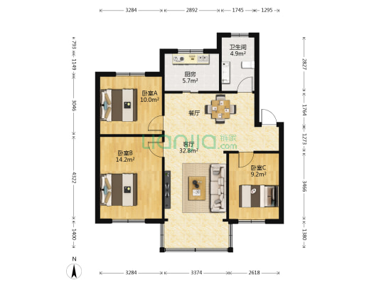 城建公寓 3室1厅1卫 94平方
