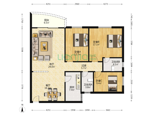 椰城花园 3室2厅2卫 135平方