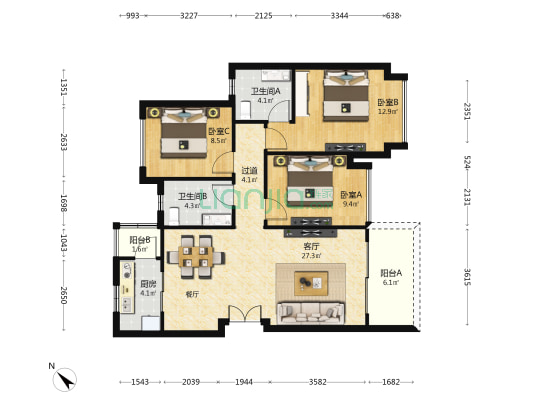 金科博翠山 3室1厅2卫 102平方
