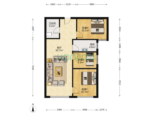 南向三居 精装 带地下车位 小卧无遮挡 中间层-户型图